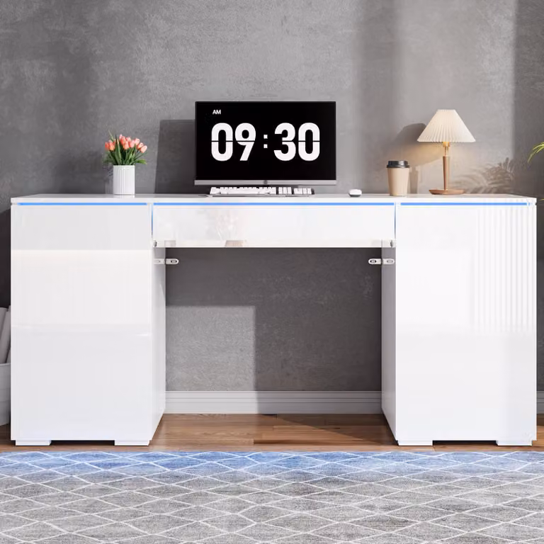 Scrivania con illuminazione a LED, 1 cassetto e 2 ante, tavolo per computer 140x50x78 cm, tavolo da trucco con spazio contenitivo, colore bianco