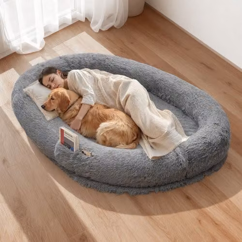 Cuccia per Cani di Taglia Grande VEVOR Grigia in Microfibra con Fodera Lavabile, Tasca Laterale e Maniglia, L/P/H: 174 x 118 x 24 cm