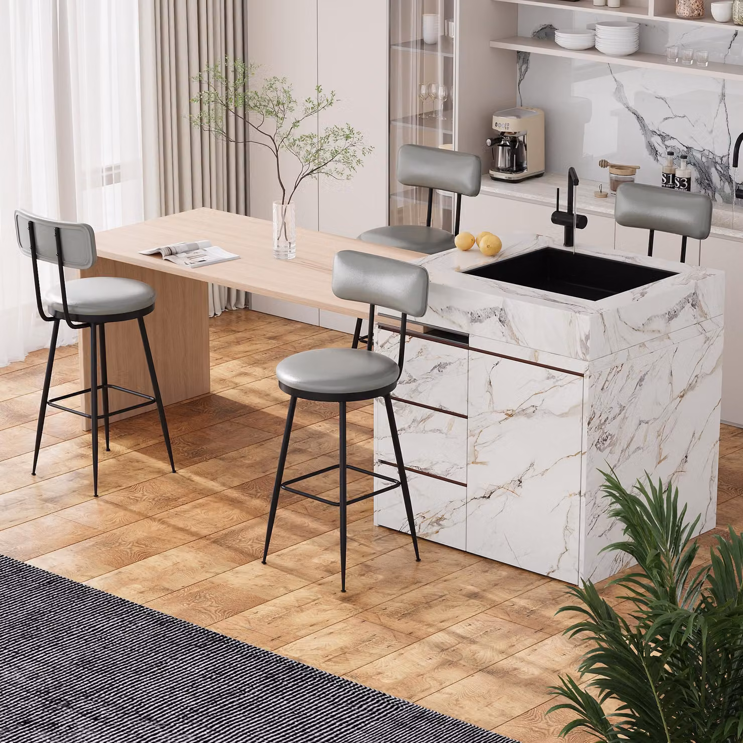 Set di 2 sgabelli da bar in Pelle finta grigia, design moderno con schienale ergonomico, robusta struttura in metallo, comoda e facile da pulire