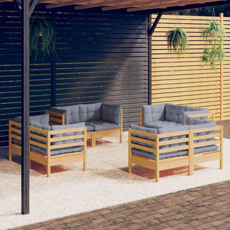 Set di divani da giardino vidaXL a forma di L composto da 8 pezzi in legno massello di pino con cuscini grigi