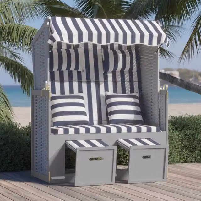 Strandkorb vidaXL in Polyrattan e Legno di Abete con Cuscini e Tendalino, Blu, Bianco e Grigio a Righe – 1