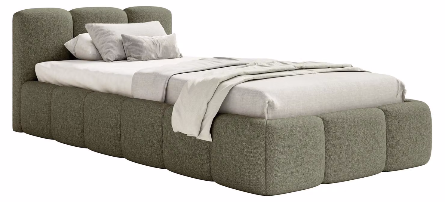 Selsey Cloudy Low – Letto imbottito 90x200 cm, contenitore e rete a doghe, ciniglia verde oliva