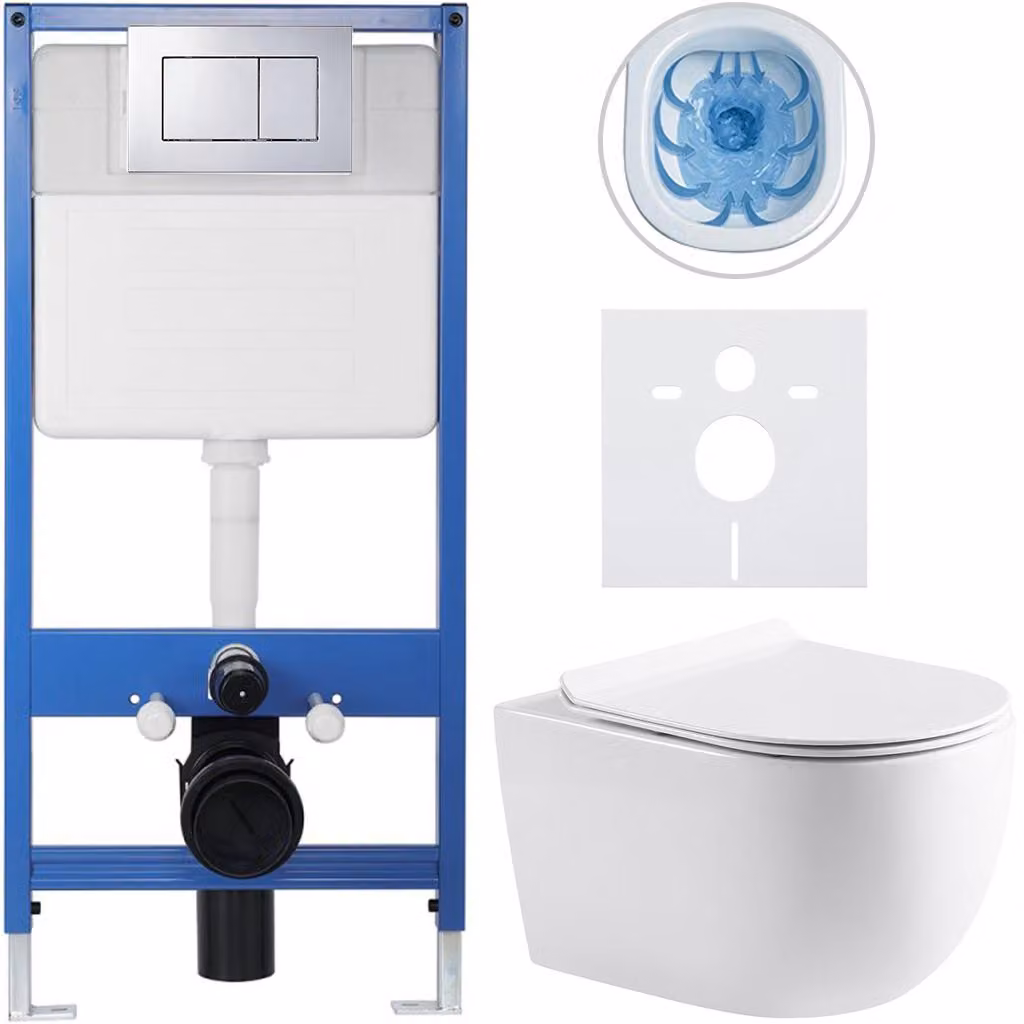 CERANO - Set completo per WC da incasso Lite/Felci - bianco lucido - pulsante WC Classic, cromato - installazione a parete/cartongesso - 52,5x36 cm