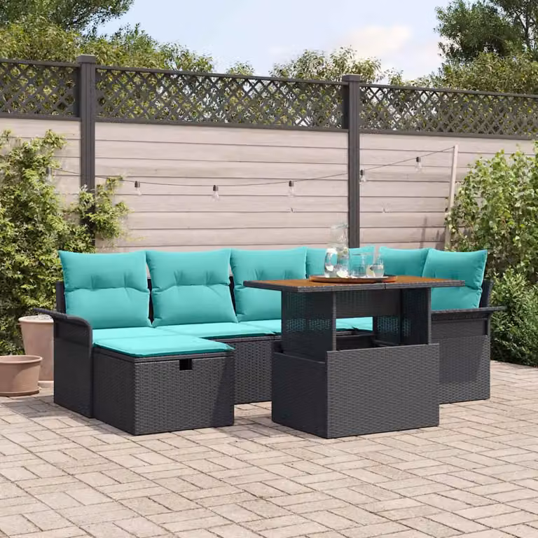 Set Divano da Giardino vidaXL 7 pz a forma di U con Cuscini, Colore Nero e Turchese, Struttura in Metallo e Polyrattan per Terrazza e Giardino