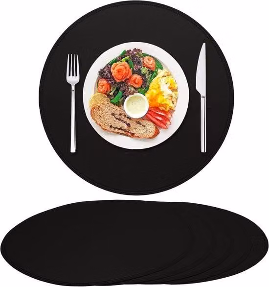 Set di 6 tovaglioli da tavola rotondi in pelle spessa, impermeabili, antiscivolo, lavabili, resistenti all'olio e ai graffi, adatti per la cucina e la sala da pranzo (neri)