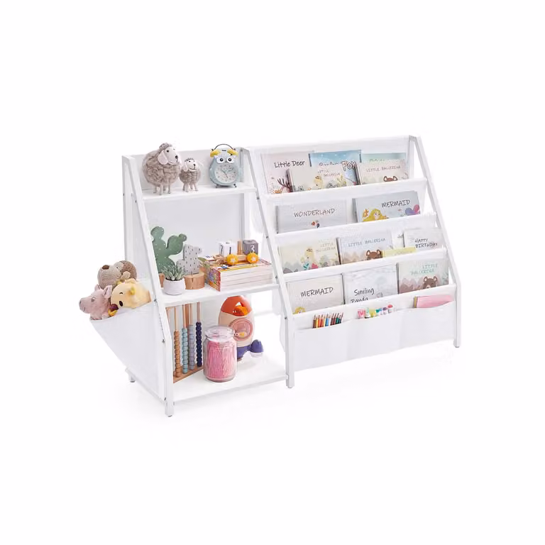 Libreria per bambini con scaffali portaoggetti e tasca laterale