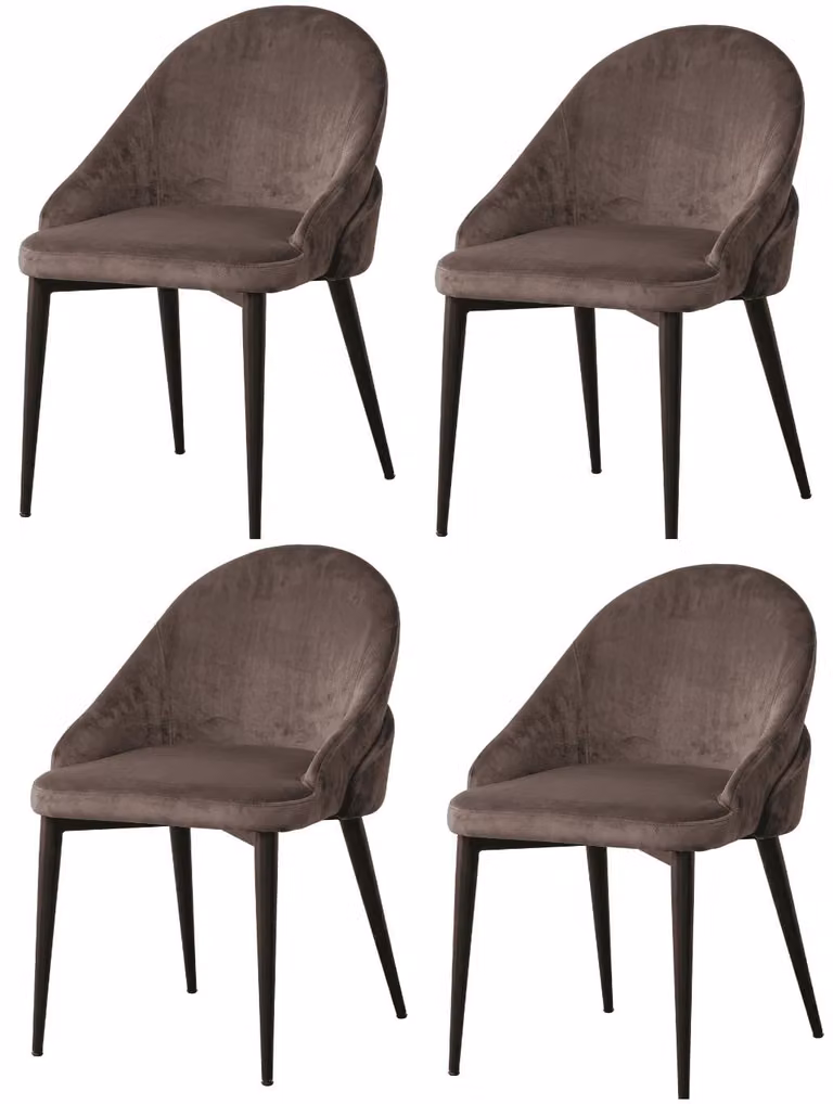 Set di 4 eleganti sedie da pranzo, colore marrone, tessuto, design curvo a forma di goccia