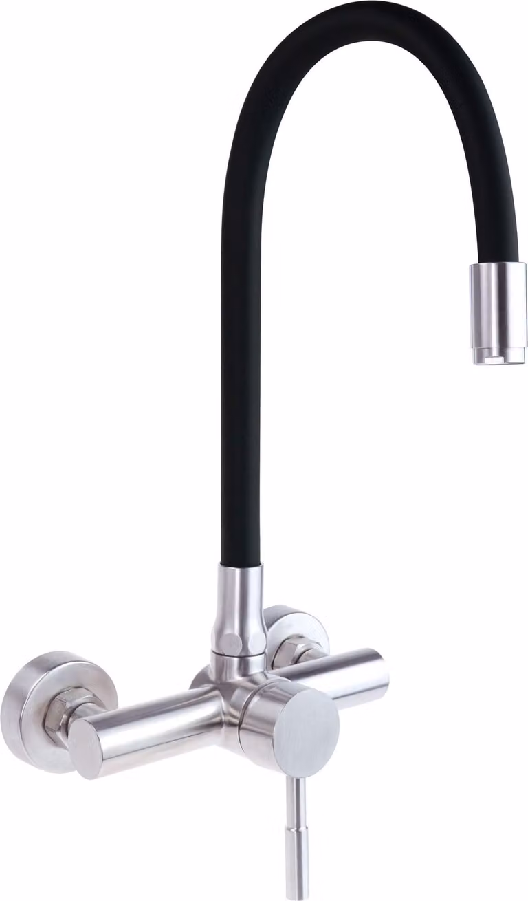 Miscelatore da cucina, montaggio a parete, erogatore flessibile, acciaio spazzolato, colore nero