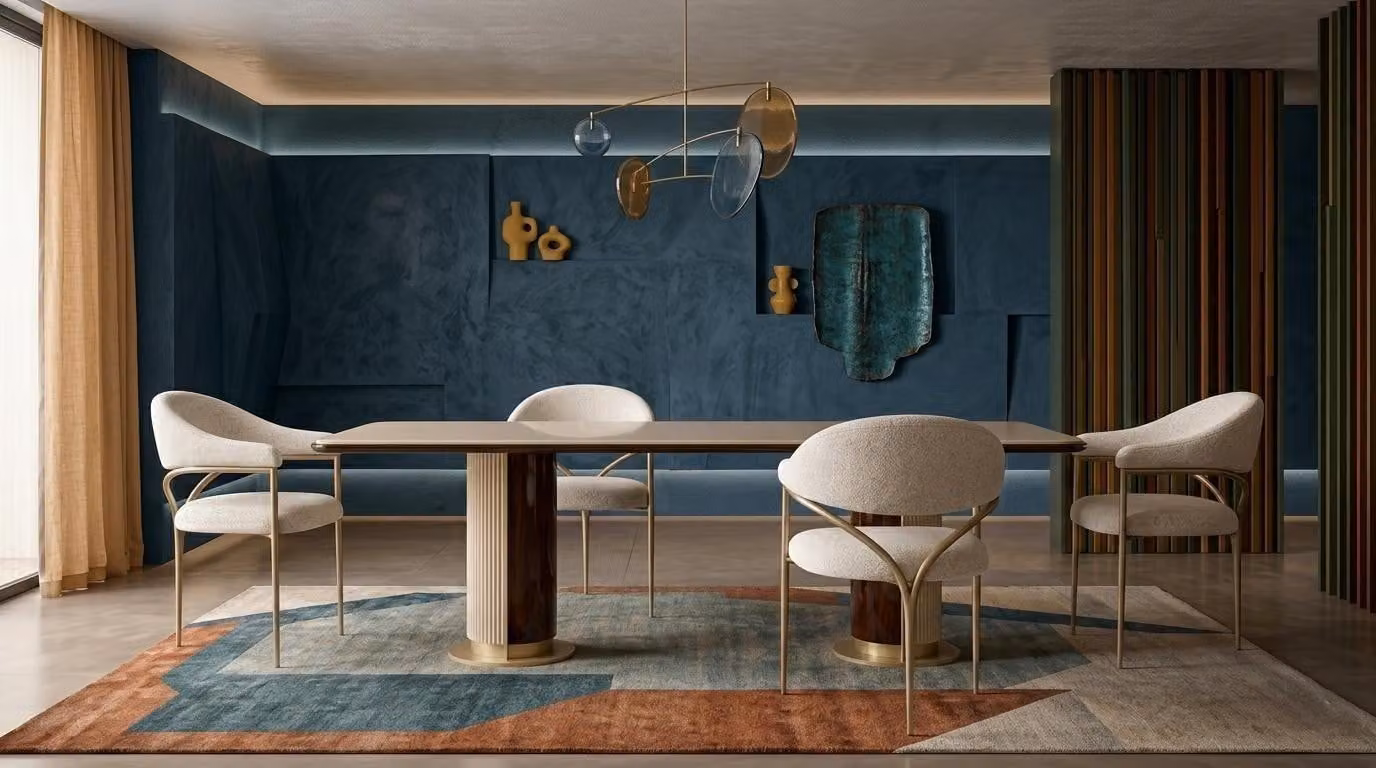 Set da pranzo con tavolo e sedie, finiture dorate, design moderno