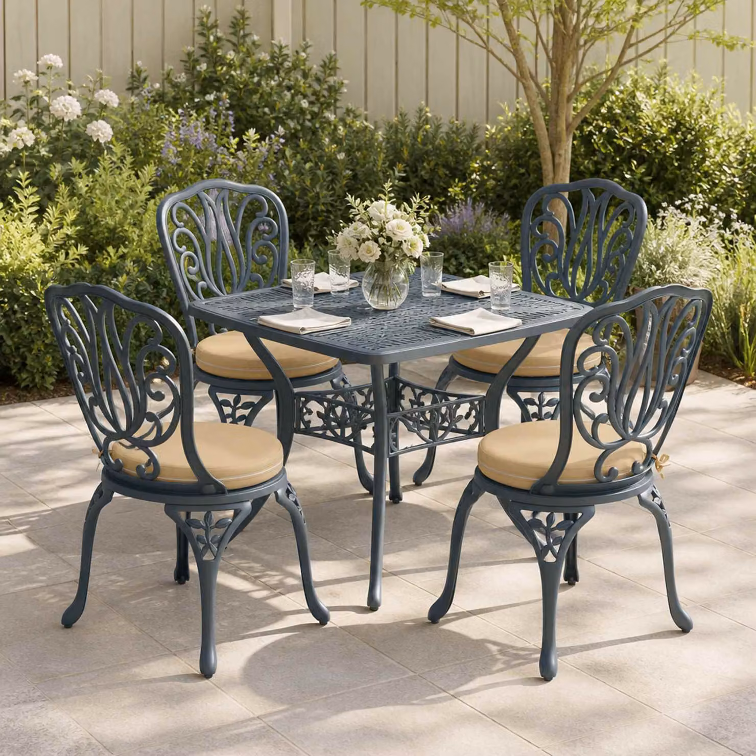 Set di 4 cuscini per sedia rotondi vidaXL in poliestere beige con rivestimento lavabile e resistente ai raggi UV