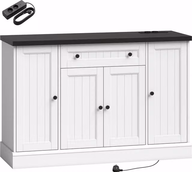 Credenza HOMCOM con Stazione di Ricarica, 4 Ante, Cassetto e Ripiani, Bianco e Nero, L: 120 cm, P: 37,7 cm, H: 40 cm