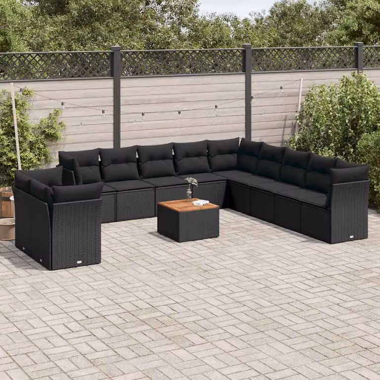 Set di divani da giardino vidaXL in polyrattan nero con cuscini e tavolino da esterno a forma di U
