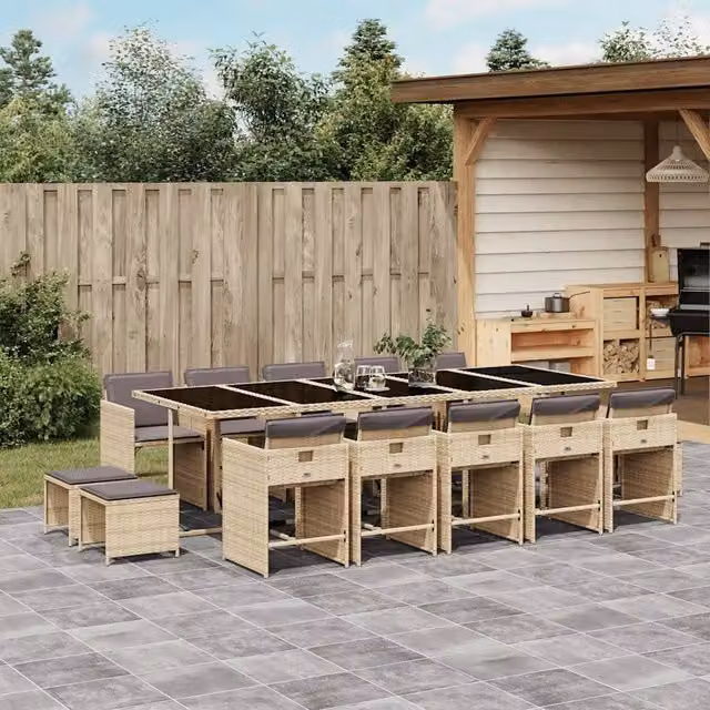 Set Pranzo da Giardino 15 pz con Cuscini Beige Misto Polyrattan 3211176