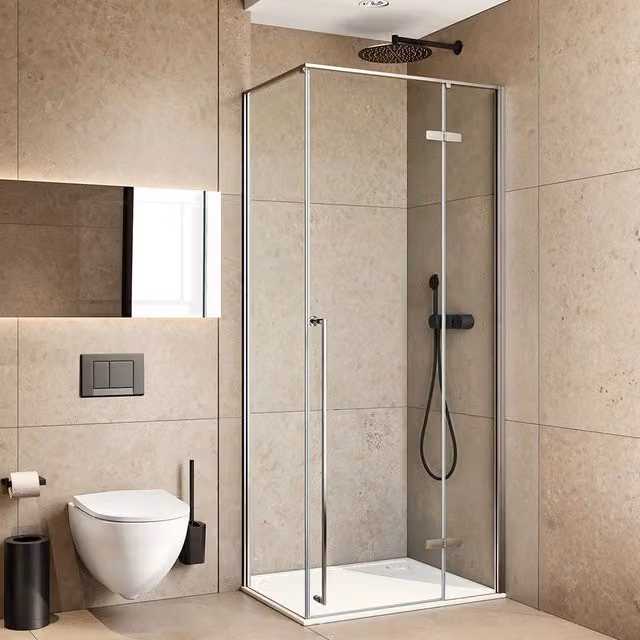 Box doccia angolare Nylo con porta battente in cristallo trasparente e profili argento L: 90 cm, P: 70 cm, H: 200 cm