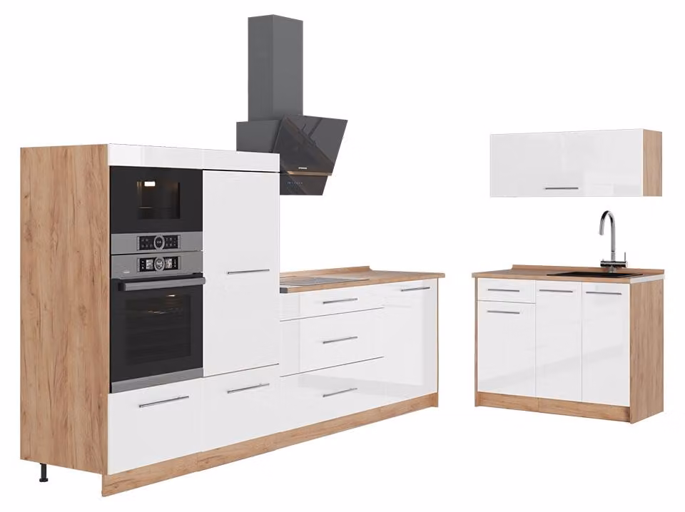 Cucina Vicco Fame-Line Bianco lucido/Rovere dorato 380 cm, PL Rovere, Model 64109