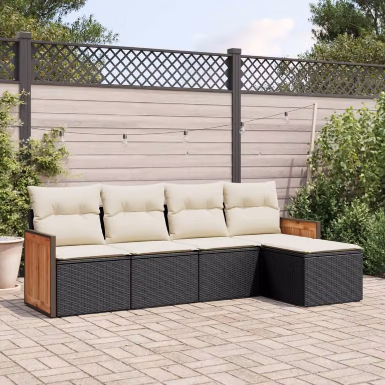 Set di divani da giardino vidaXL 5 pz in polyrattan nero con cuscini e struttura in metallo a forma di L