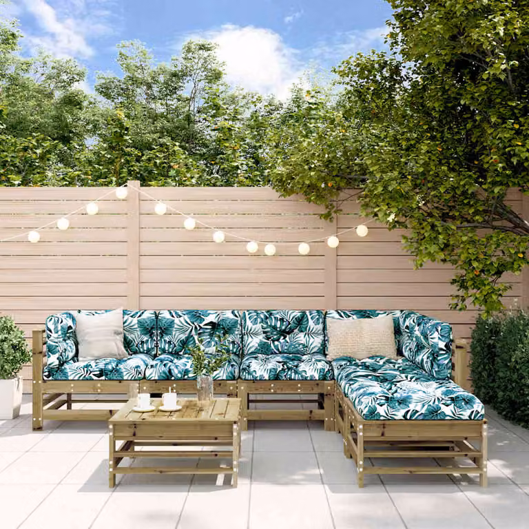 vidaXL Set Salotto da Giardino a L in Legno di Pino con Cuscini, 7 Pezzi, Marrone e Verde