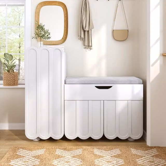 Mobile scarpiera moderno a 3 ante con cassetto e cuscino per la seduta ¨C Bianco ¨C Scarpiera e panche porta scarpe ¨C Scarpiera salvaspazio per