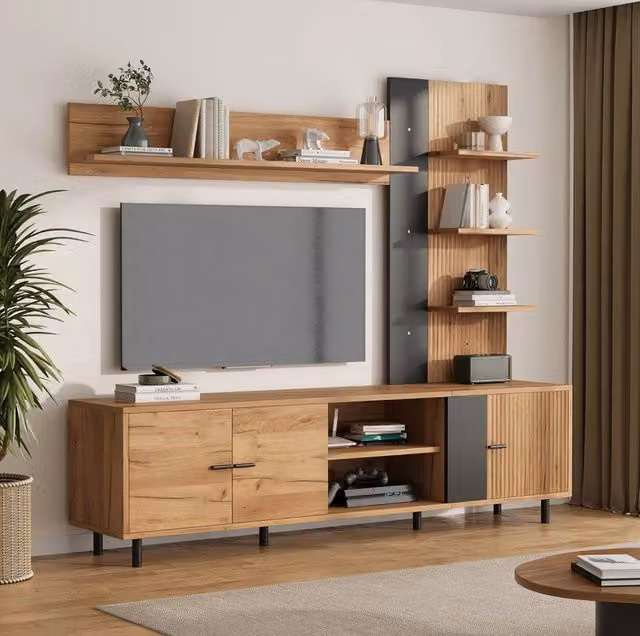 Parete TV con 3 armadietti e ripiani aperti; 187;5 x 40 x 167 cm; legno e nero
