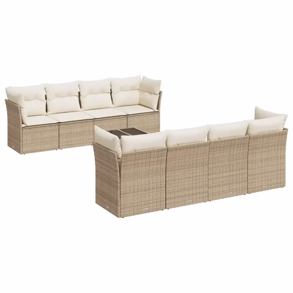 Set Divano da Giardino L-Shape vidaXL da 9 Pezzi con Cuscini Beige e Tavolino in Vetro per Terrazza e Giardino – 2