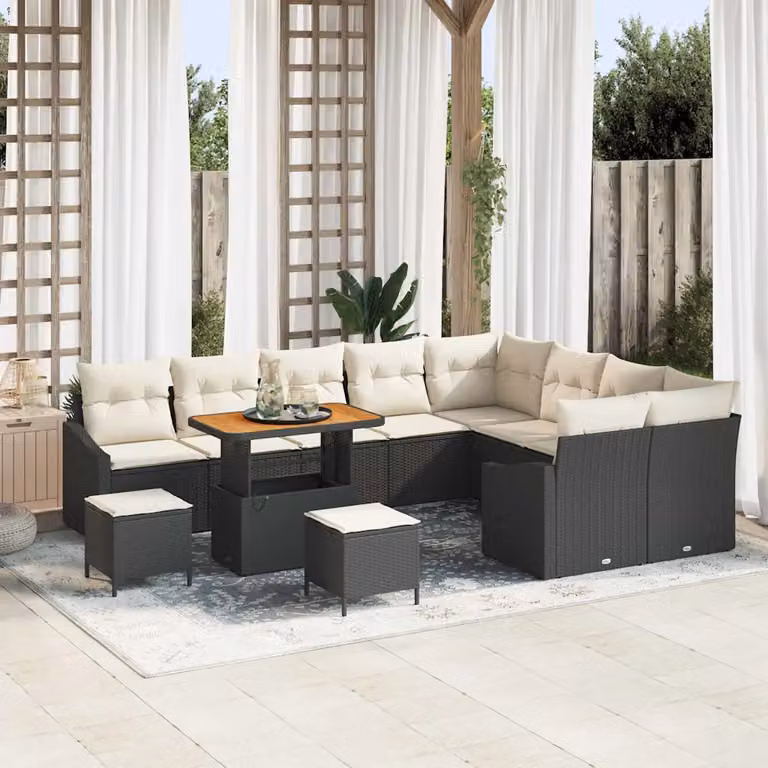 Set Divano da Giardino a L vidaXL 12 Pezzi in Polyrattan Nero con Cuscini e Tavolino