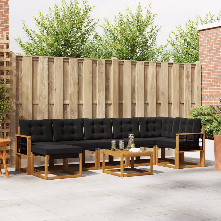 Set di divani da esterno vidaXL 8 pz in legno di acacia con cuscini in textilene, colore marrone e nero, composizione a L con elementi angolari, pouf e tavolino da caffè