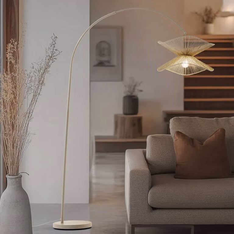 Lampada ad arco Valdorin Lindby, Crema / Ambra, Soggiorno / Sala da pranzo, Carta / Lunolit / Lunopal, Campagna / Rustiche, Lampada da terra