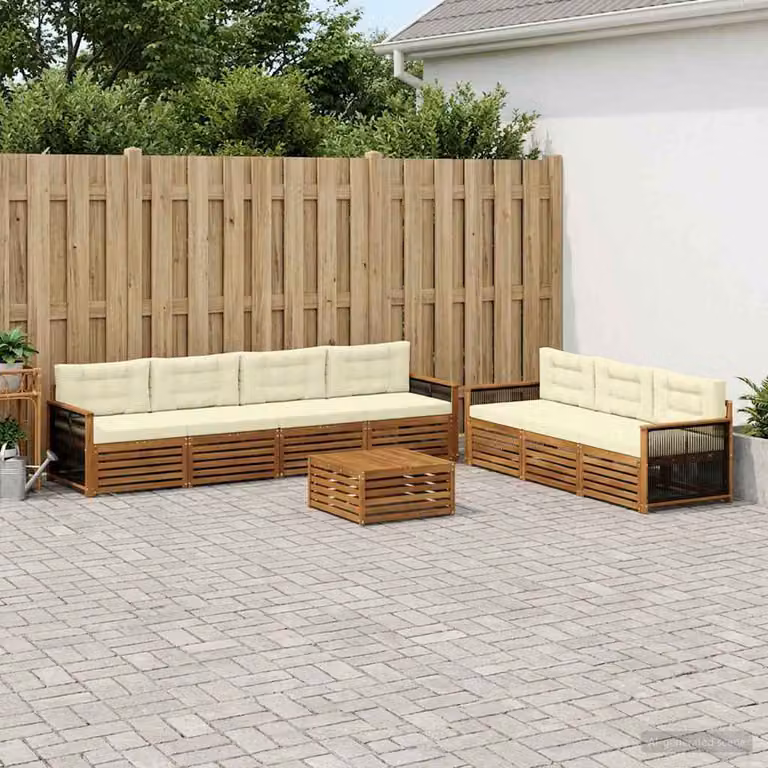 Set di divani da esterno vidaXL 8 pezzi in legno di acacia con cuscini beige e bianco per giardino e terrazza