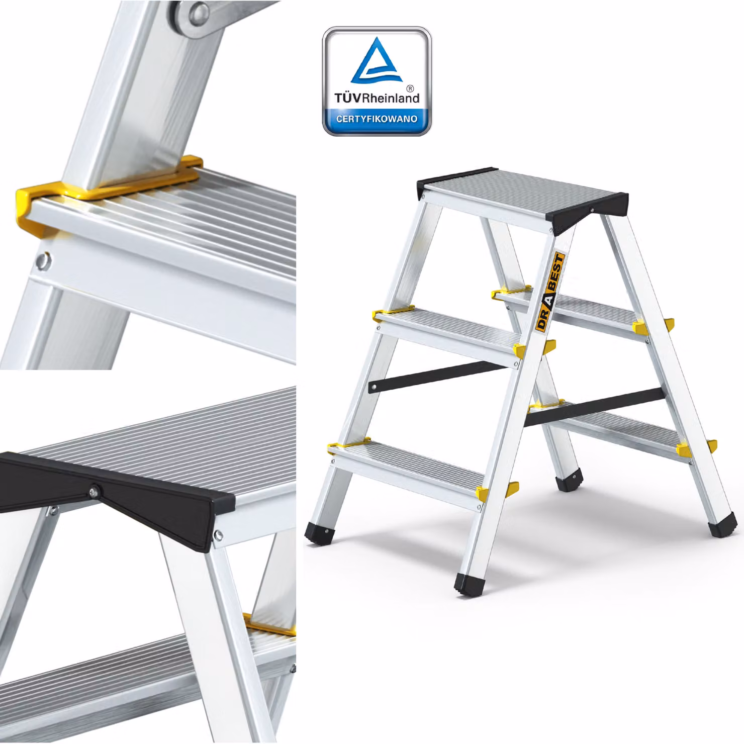 Drabest | Scala a 3 gradini in alluminio - pieghevole - antiscivolo - capacità di carico 150 kg - multifunzionale