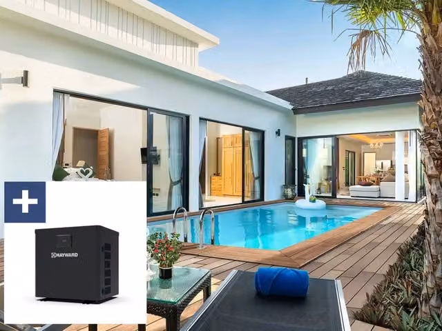 Piscina rettangolare in legno Aruba 140 Habitat Et Jardin, colore grigio e blu, con mini pompa di calore 3,5 kW, filtro, pompa e scala, L: 5,00 m, P: 3,00 m, H: 1,38 m