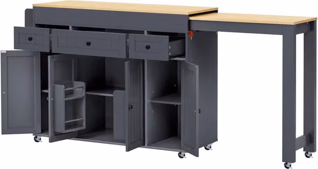 Isola cucina moderna in MDF con 3 cassetti, ripiani regolabili e piano estraibile, grigio opaco, H: 92,0 cm, L: 137,0 cm, P: 45,2 cm