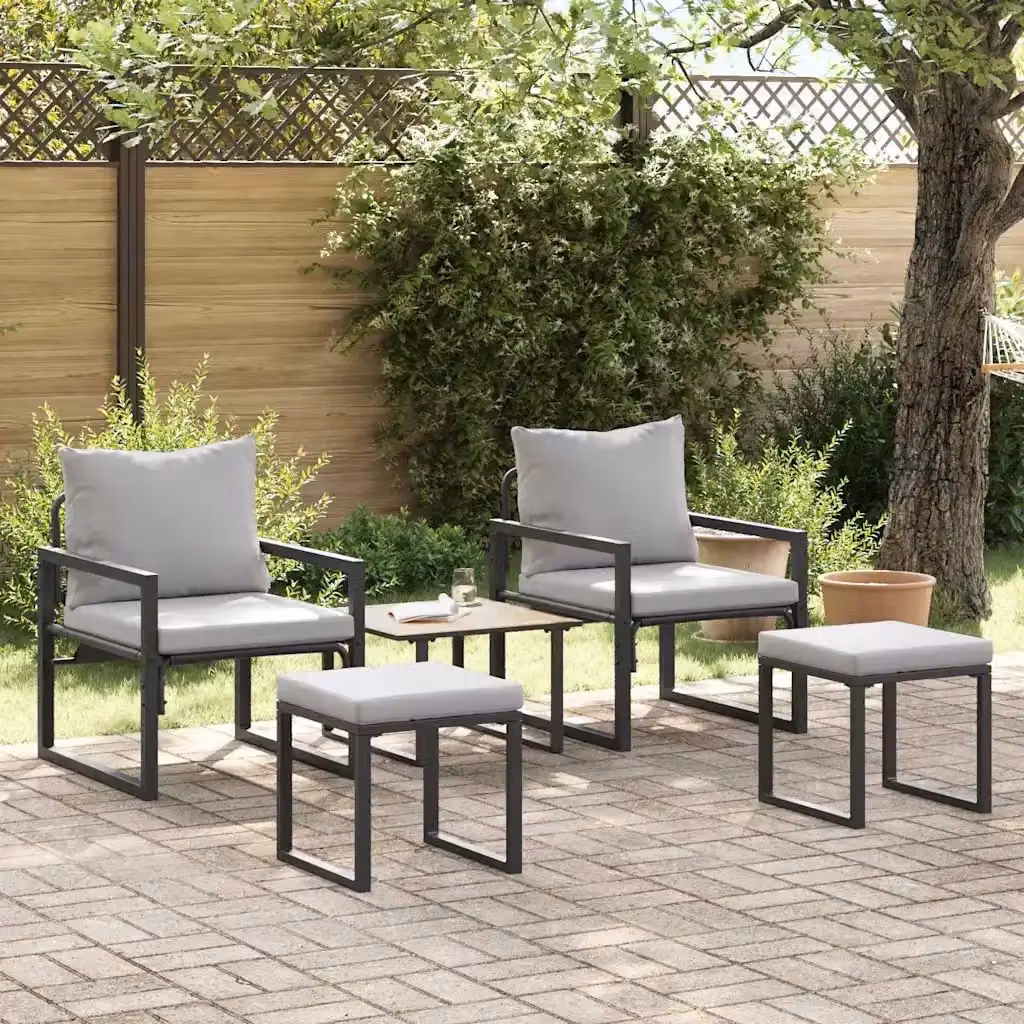 Set da giardino moderno a 4 pezzi in acciaio verniciato e tessuto resistente ai raggi UV, colore grigio chiaro, comprensivo di divano a 2 posti, poltrona lounge, pouf e cuscini – 2