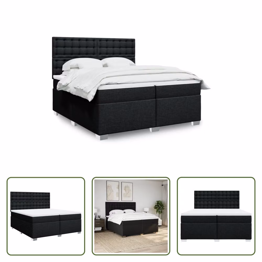 The Living Store Letto a molle con materasso nero 200x200 cm in tessuto