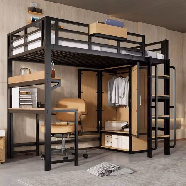 Letto a soppalco con scrivania e armadio ¨C Minimal ¨C metallo legno nero 90x200 cm