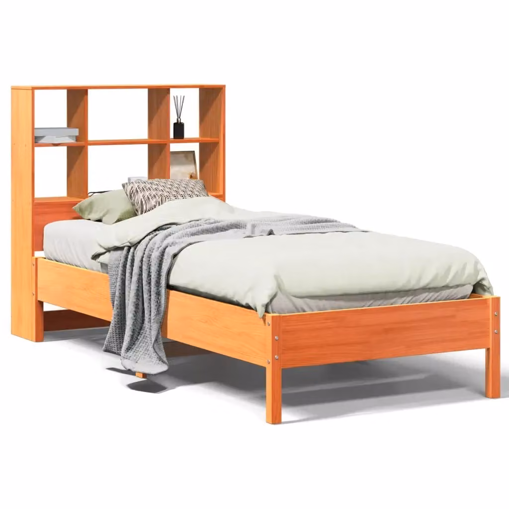 Letto libreria vidaXL in legno di pino massiccio marrone cera con ripiani laterali L: 75 cm, P: 190 cm, H: 151 cm – 2