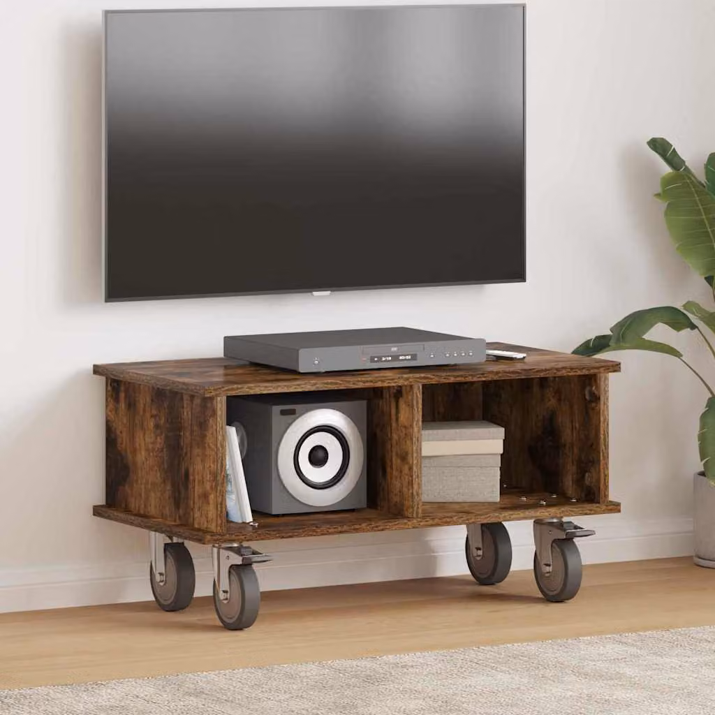 vidaXL Supporto TV moderno in legno ingegnerizzato color rovere fumé con ruote L 68,5 x P 35 x H 35 cm