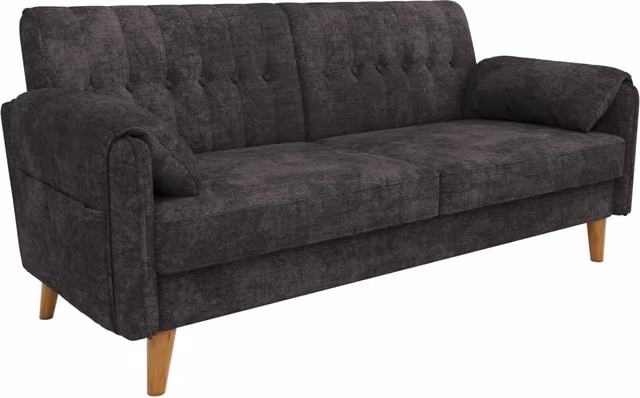 Divano 2 posti moderno in chenille grigio con cuscini imbottiti, gambe in legno massiccio e tasche laterali, facile da montare