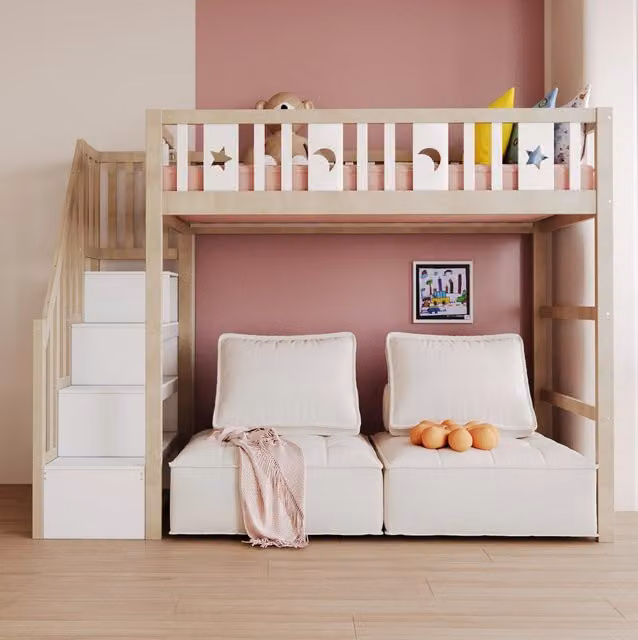 Letto a soppalco per bambini 90x200 cm con scala; ripiani integrati e motivo luna e stelle; bianco/legno naturale
