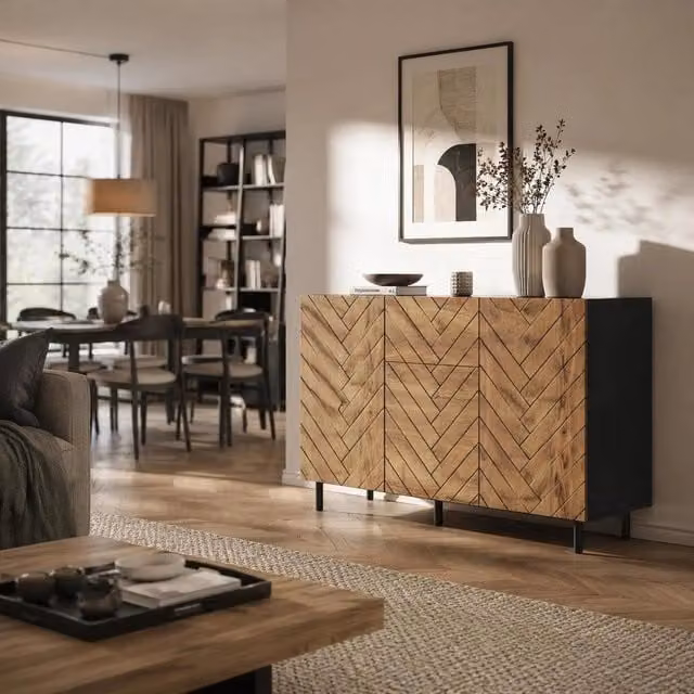 Madia contenitore moderna 120 cm, buffet in truciolare con 3 cassetti e 2 ante, consolle per soggiorno con chiusura ammortizzata, finitura nero ed effetto legno, robusta e funzionale