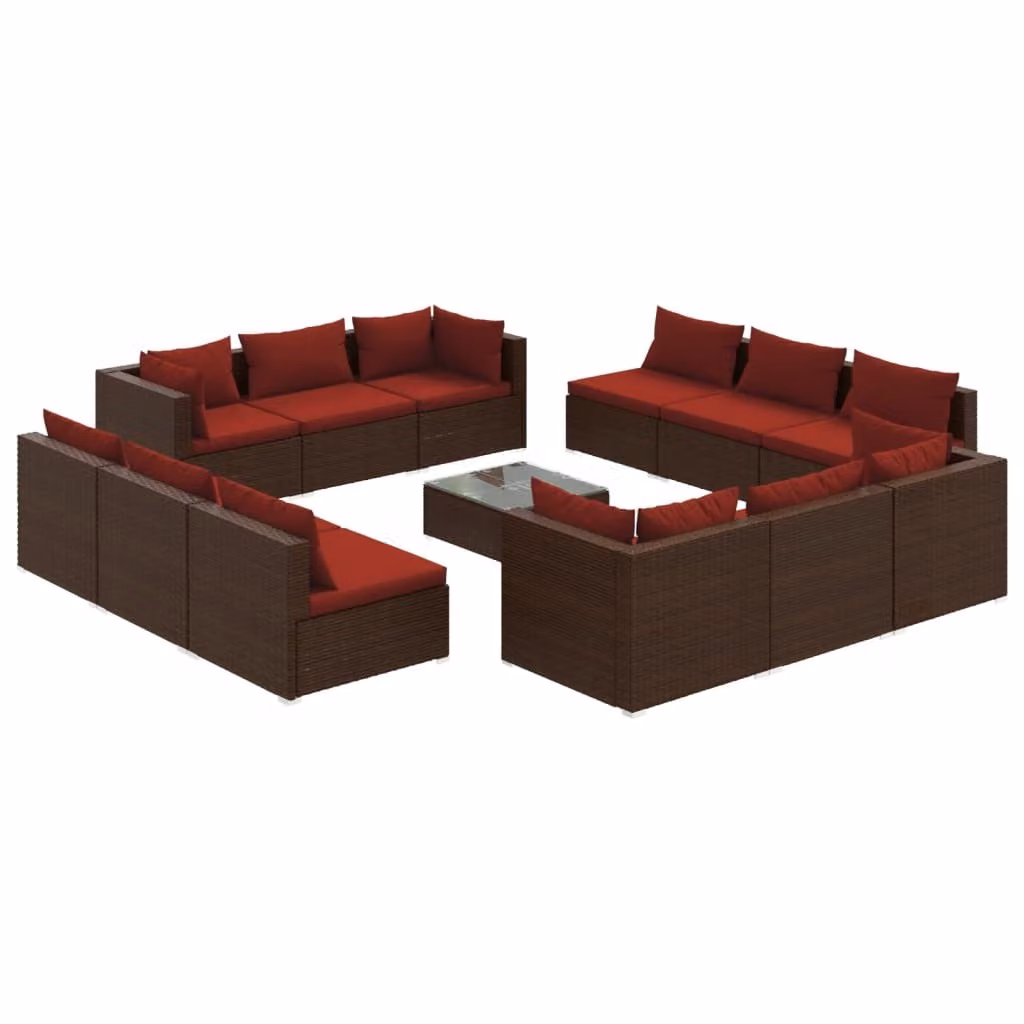 Set Divani da Giardino 13 pz con Cuscini in Polyrattan Marrone