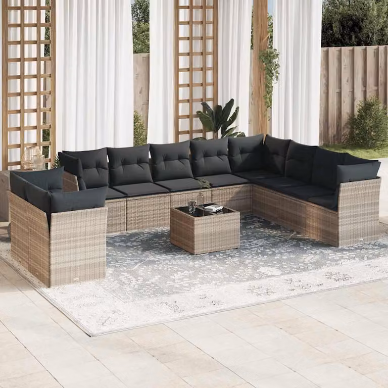 Set di divani da giardino vidaXL a forma di U composto da 11 pezzi con cuscini grigi e tavolino da esterno in vetro e metallo