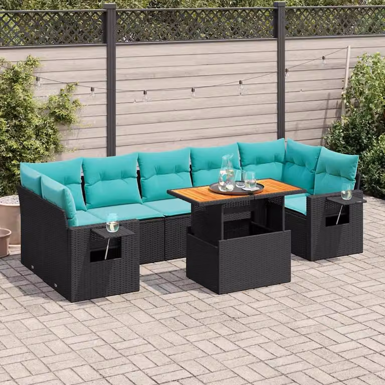 Set Divano da Giardino a Forma di U vidaXL in Polyrattan Nero con 8 Cuscini e Tavolino da Esterno