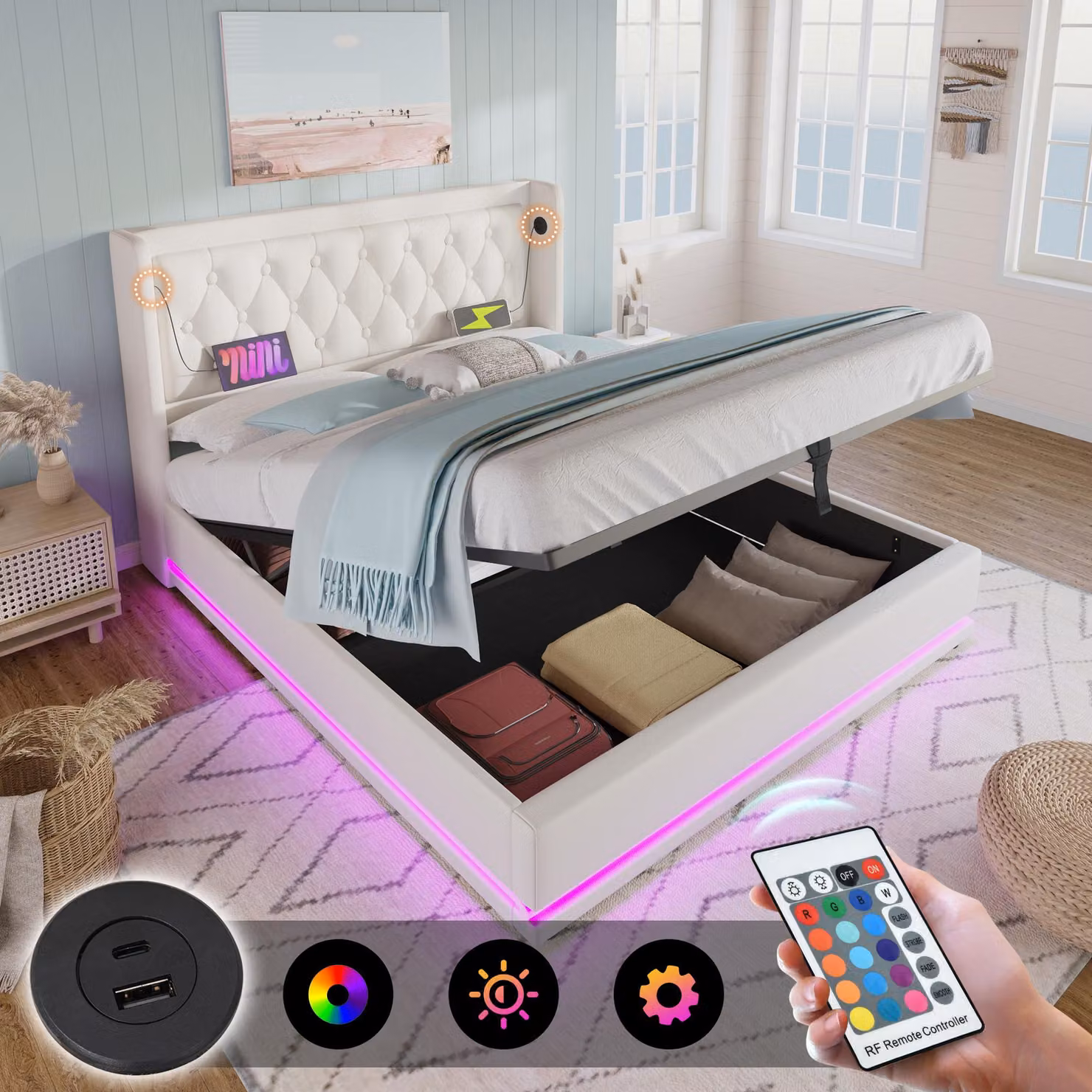 Letto imbottito 180x200 cm con spazio contenitore ad apertura idraulica, porte USB e di tipo C, illuminazione LED a 3 lati, testiera imbottita, colore bianco (PU)