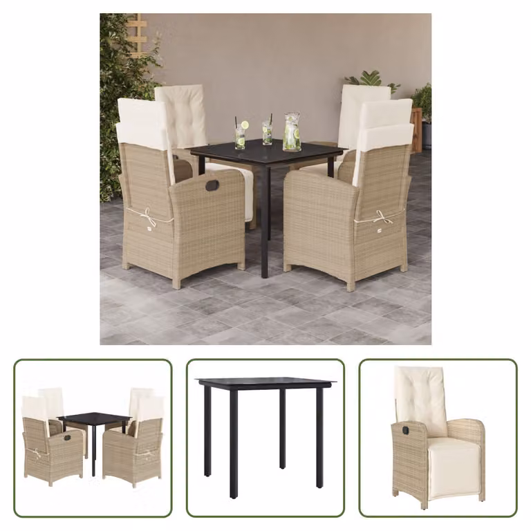 The Living Store Set da pranzo da giardino 5 pezzi con cuscini Beige poly rattan