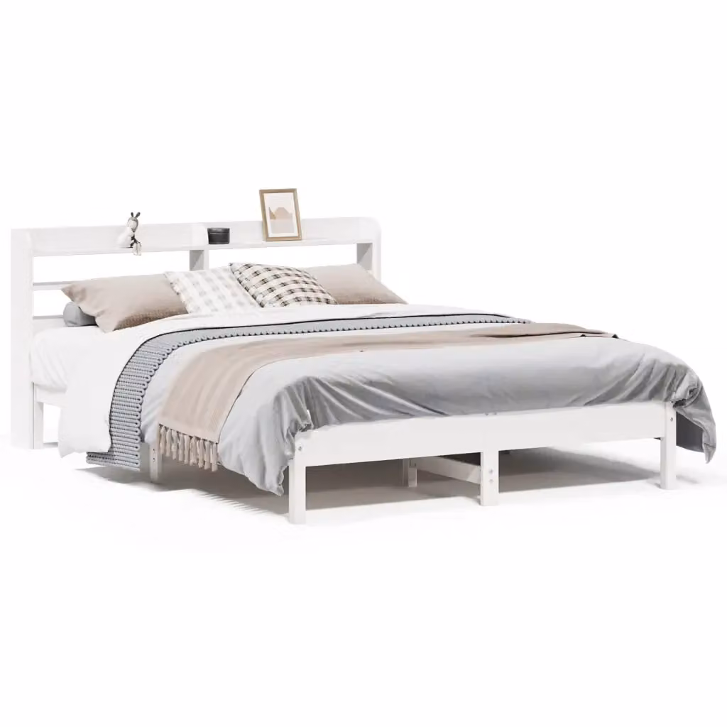 Letto in legno di pino massello bianco con ripiani laterali e doghe piatte per adulti vidaXL – 2