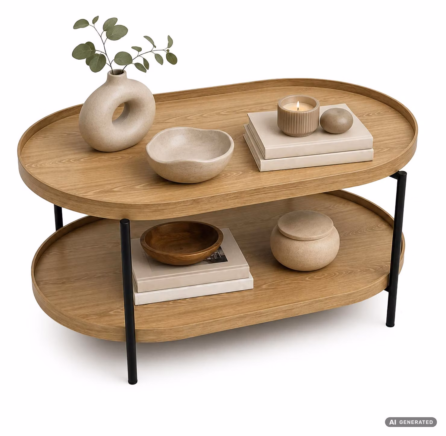 Tavolino da salotto stile loft CORTADO 90 cm ovale con ripiano legno naturale gambe nere