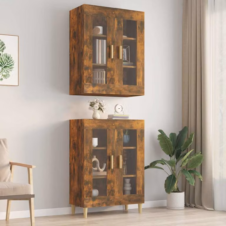 Armadietto Pensile da Parete vidaXL in Rovere Fumo con Ante in Vetro, L: 69,5 cm, P: 34 cm, H: 90 cm