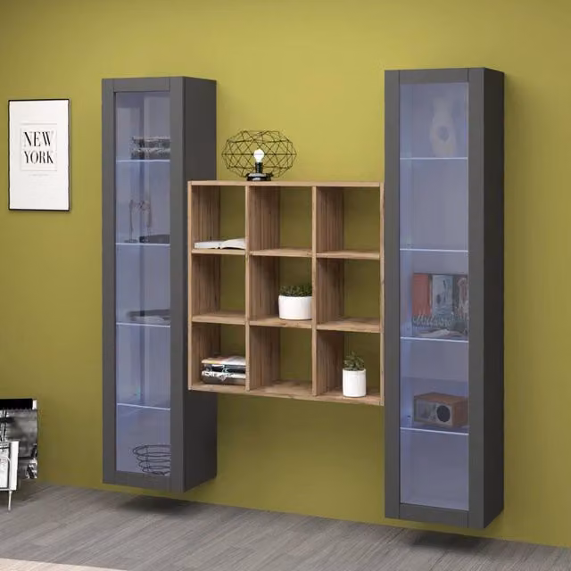 Mobile Espositore Felice DMORA con 14 Ripiani e Ante in Vetro, Nero Antracite, L: 30 cm, P: 30 cm, H: 180 cm
