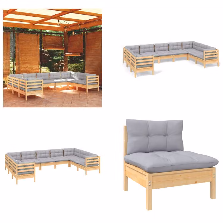 vidaXL Set salotto da giardino 9 pezzi con cuscini grigi in legno di pino - Set salotto da giardino - Set salotto da giardino - Set mobili da giardino - Set mobili da giardino