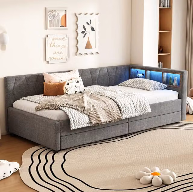 Letto singolo 90 x 200 cm con 2 cassetti; LED telecomandato; USB e Type-C; grigio